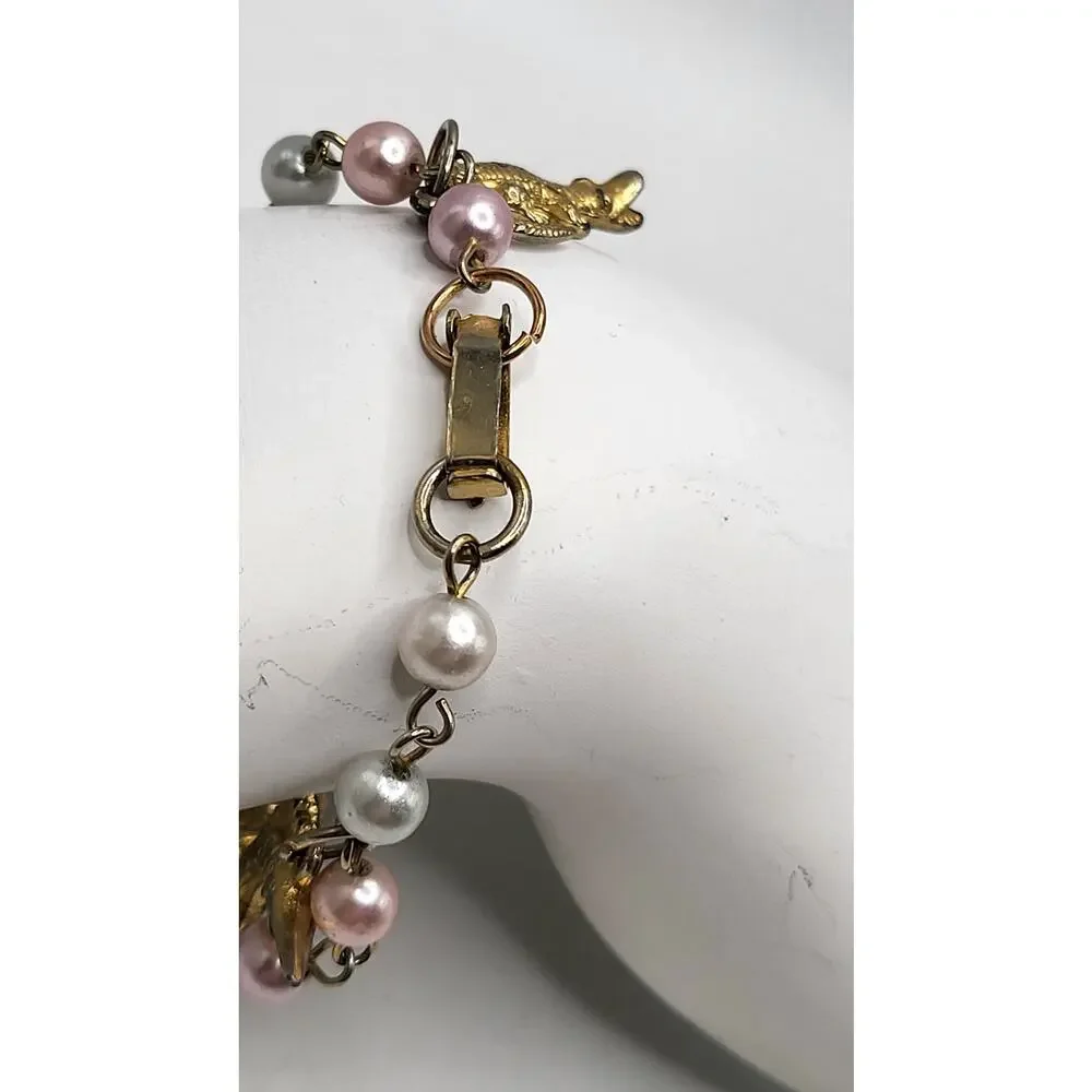 Vintage Charm Bracelet Ocean Nautical Seahorse Palm Trees Alligator Fish Pearl - Picture 10 of 11